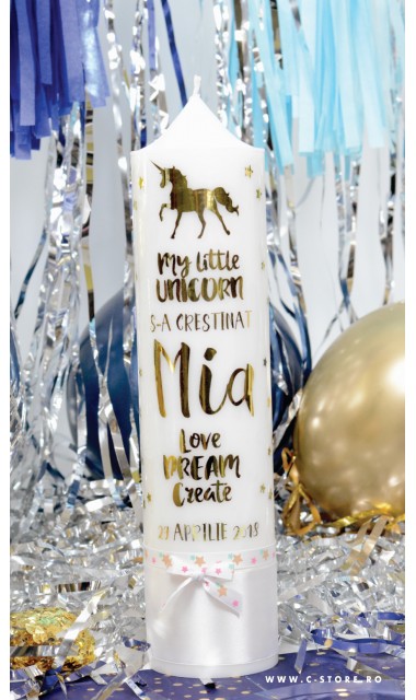 Lumanare de botez personalizata, print folio gold, 30x8cm, Unicornul magic 3